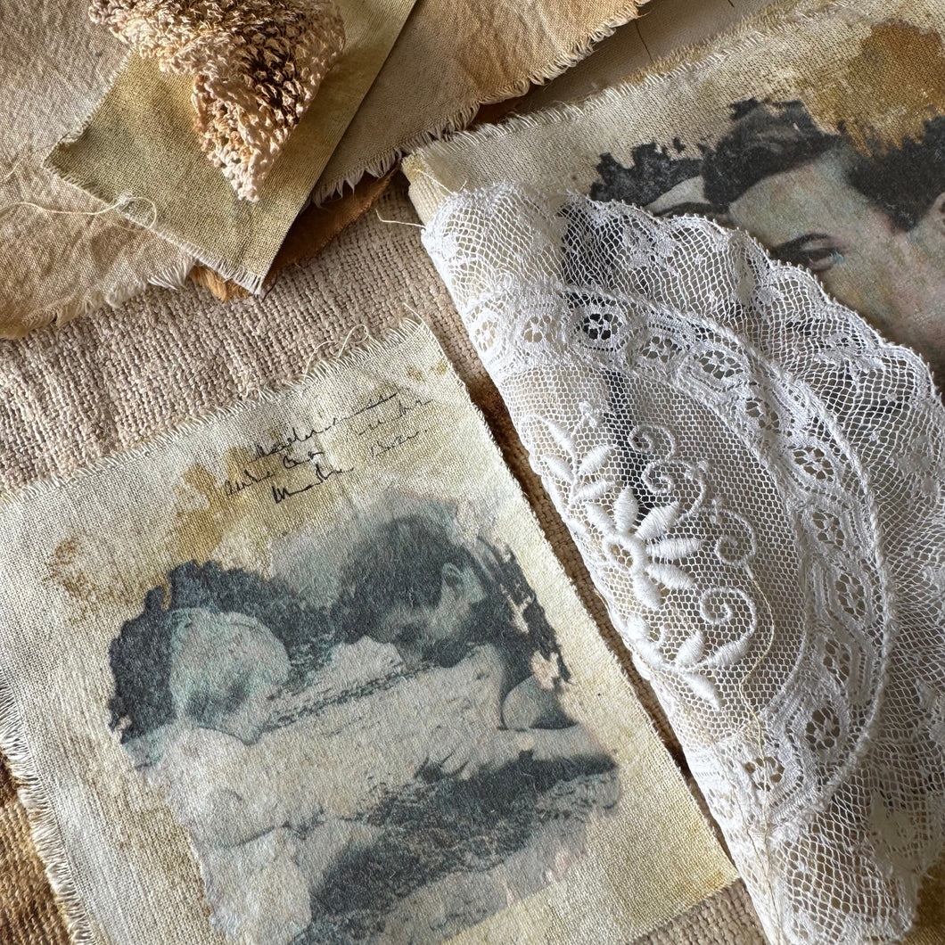 Textured fabric with lace overlay on a textured surface